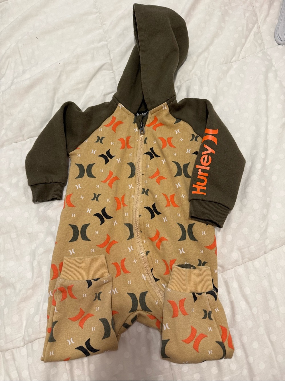 Hurley Kids Hooded One-Piece Bodysuit in Tan, Olive & Orange